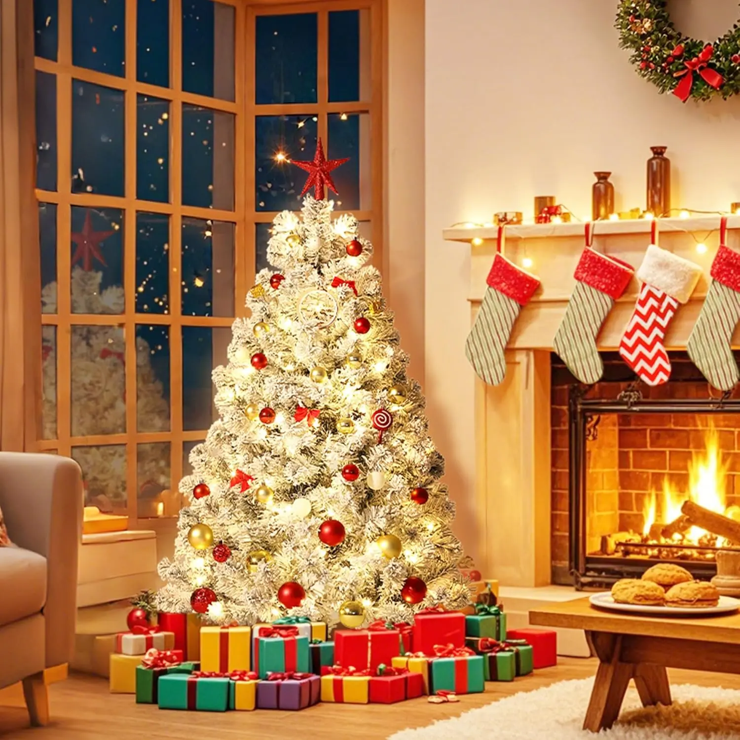 Indoor Artistic PVC Flocked Artificial Christmas Tree (4.5Ft-6Ft-7.5Ft-9Ft) with Warm White LED Lights, LED Ball Lights, Lifelike Material, Steel Hinges, Foldable Base, Fluffy Design, Household Decor for Room, Family Gatherings, Magical, Display, Flame‑Sa