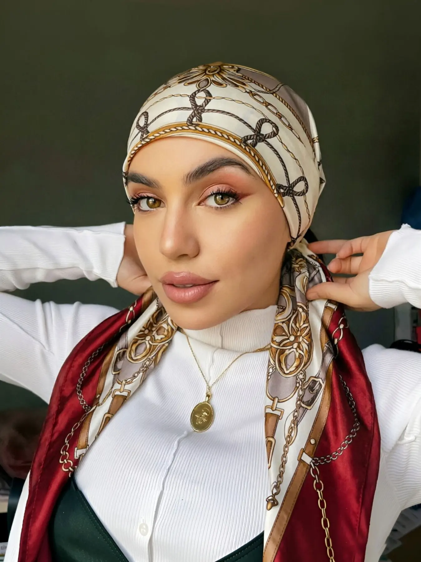 Elegant Chain Headscarf Hat, Versatile Headscarf, Hijab Fashion Glossy Lightweight Scarf, Satin Elastic Hair Cap, Easy Wrap Hijabs, Muslim Fashion Apparel, Scarf for Hair, Tie Back Headwraps