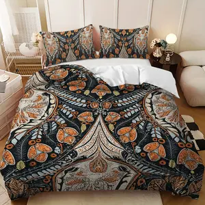 Bedding 3-piece set - 3PCS,Blue, Orange and Brown Retro Floral Pattern Down Comforter Set (1 comforter cover + 2 pillowcases, filling not included).soft and comfortable, suitable for family bedrooms.