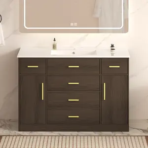 48" Bathroom Vanity with Sink, Modern Freestanding Wood Cabinet with Tilt-Out Drawer, 2 Soft-Close Doors &  6 Spacious, Wide Countertop, Family-Friendly Storage, Gold Handles, Dark Brown