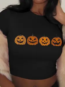 Women's Halloween Pumpkin Print Round Neck Crop Tee, Fashion Casual Crew Neck Short Sleeve T-Shirt for Daily Holiday Vacation Outdoor Wear, Ladies Clothes for Summer