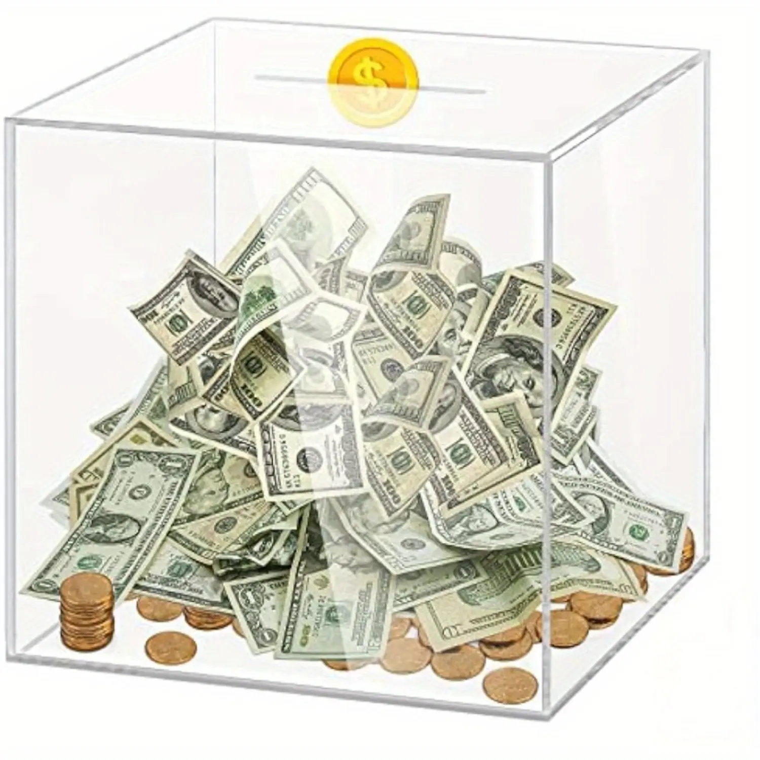 PrimPick Transparent acrylic coin piggy bank with a capacity of 3 liters, designed to be non-openable. The contents must be destroyed to obtain them. This applies to all US dollar coins and banknotes. Cash Coin Jar Essential for gift-giving
