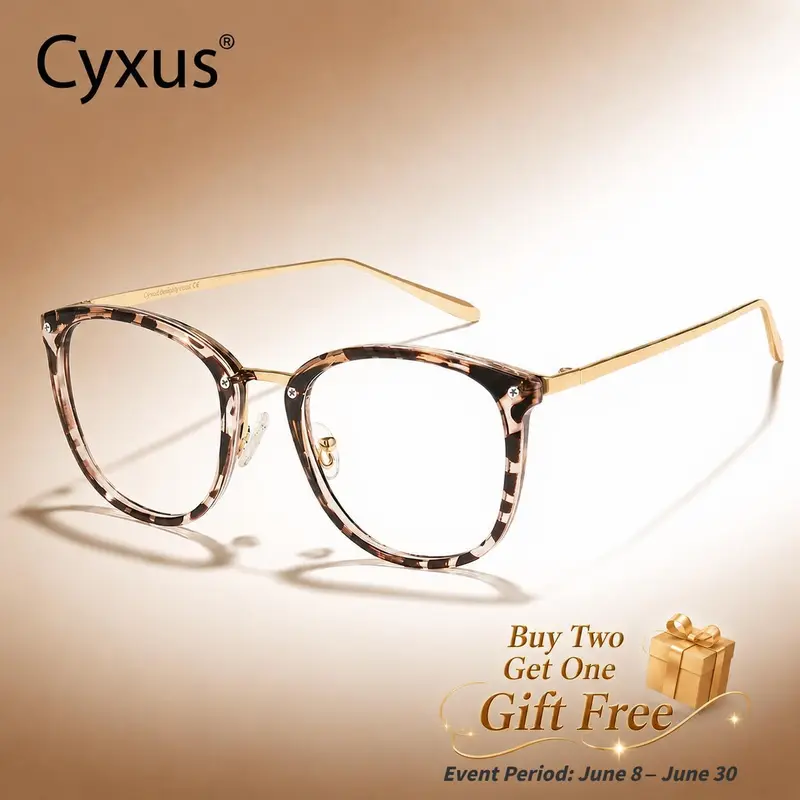 Cyxus SohoChic Women's Tortoiseshell Square Cateye Frames - TR90-Metal Full-Rim, Photochromic Blue Light UV Blocking, Lightweight Non-Prescription High Quality Eyewear, Stylish Accessories for Office,Gaming