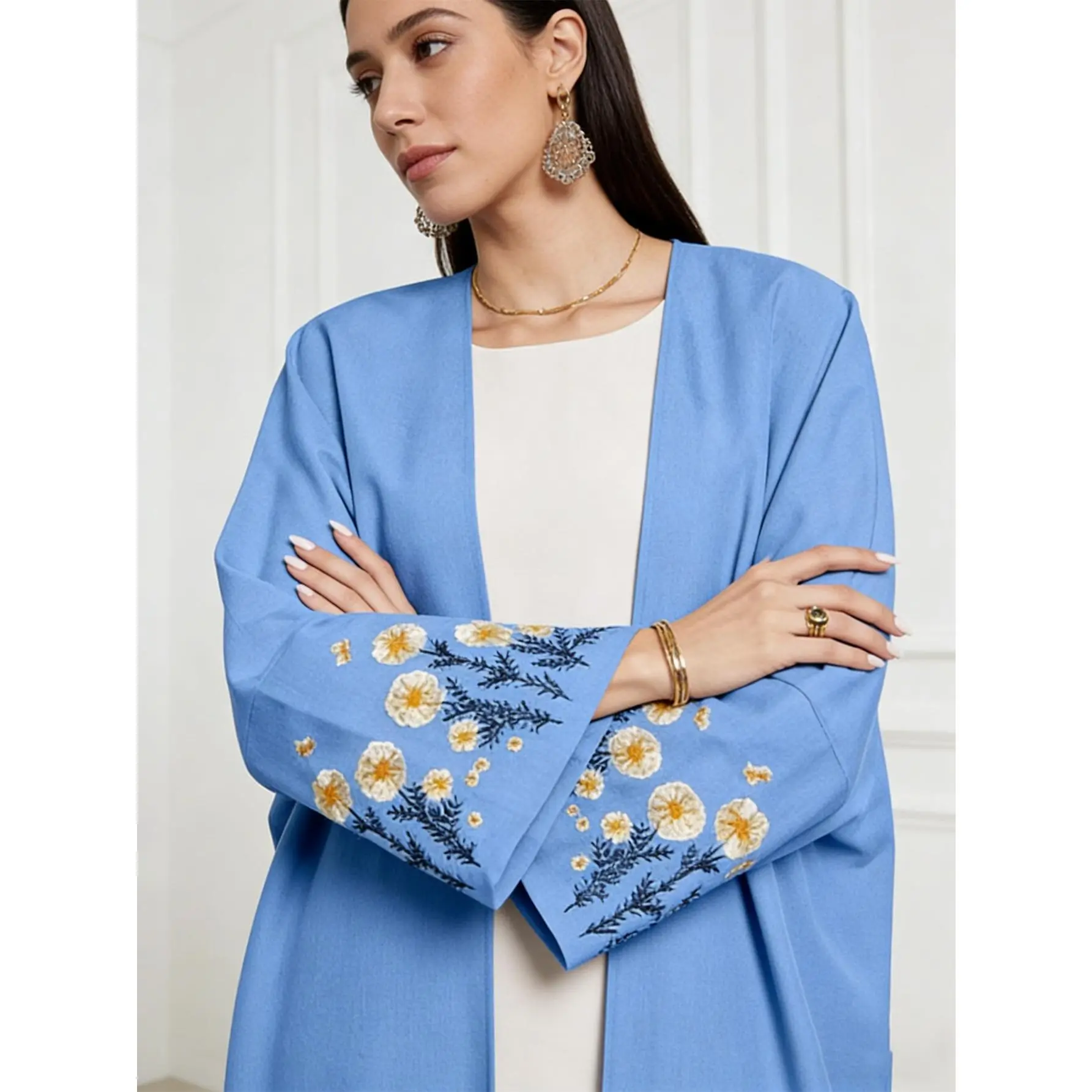 Women's Dreamy Sky Blue Floral Embroidered Open-Front Abaya - Loose, Elegant Modest Kimono, Floral Embellished, Modest Muslim Outfits - Free Size One-Size-Fits-All - Abayas for Eid, Ideal for Ramadan & Daily Style