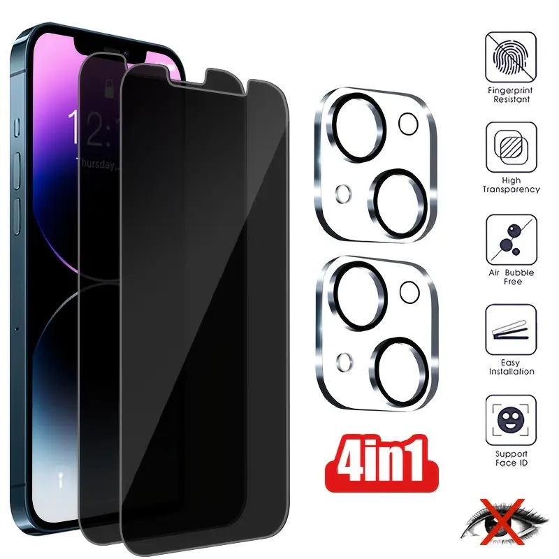 Anti-Peeping Tempered Glass Screen Protectors (2 Pack) with 2 Camera Shields, Privacy & Scratch Resistance, Accessories for iPhone 11/12/13/14/15/16 Pro Max, 14/15/16 Plus, Aftermarket Phone Screen Protectors