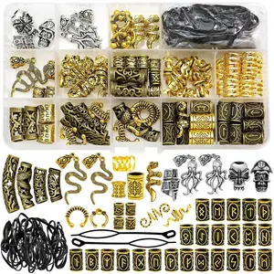 207pcs Viking Hair Jewelry Nordic Runes Tube Beads, Accessories Kit for Braids Dreadlock Beard Locs, Metal Clips Cuff Rings, Braiding Beard Decoration