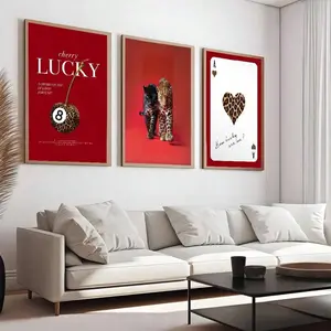 3pcs Red And Pink Leopard Cheetah Wall Art Picture How Lucky Are We Canvas Prints Paintings Lucky 8 Ball Posters Preppy Girly Decor For Bedroom, Living Room Room, Dorm Wall Decor Unframed