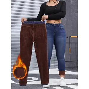 Women'S Fall Winter Fleece Lined Denim Jeans, Elegant Woven Fabric, Thicken Warm Comfortable Pants, High Waist Slim Fit Design Pantalon Con Forro Polar