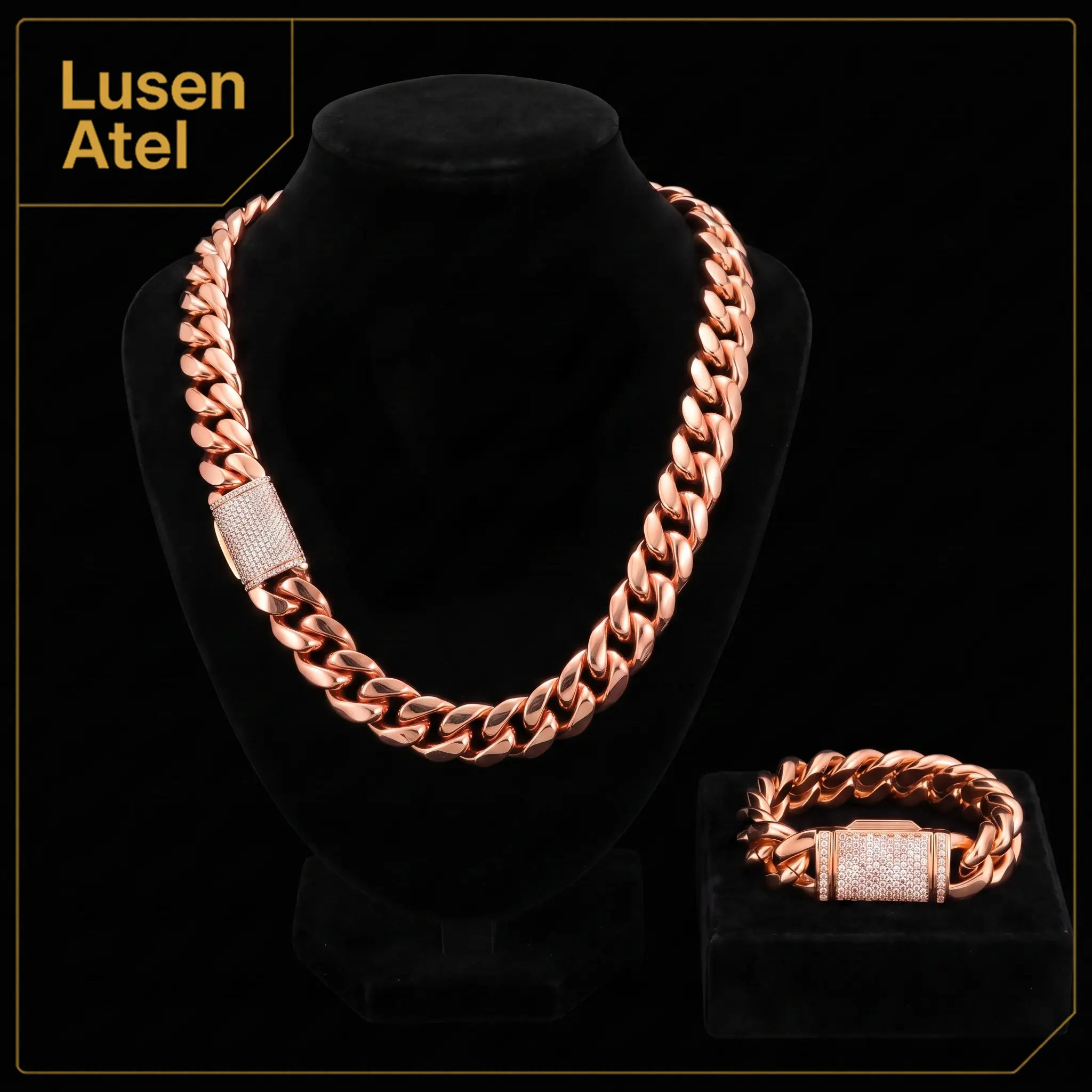 Lusen Atel 14K Rose Gold Plated Cuban Link Chain Necklace or Bracelet, Iced Box Clasp Miami Cuban Chain for Men Women, Hip Hop Streetwear Jewelry, Multiple Widths and Lengths