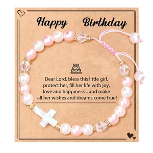 Birthday Gifts for Girls, Adjustable Pink White Pearl Cross Bracelet for Girls Daughter Granddaughter Niece