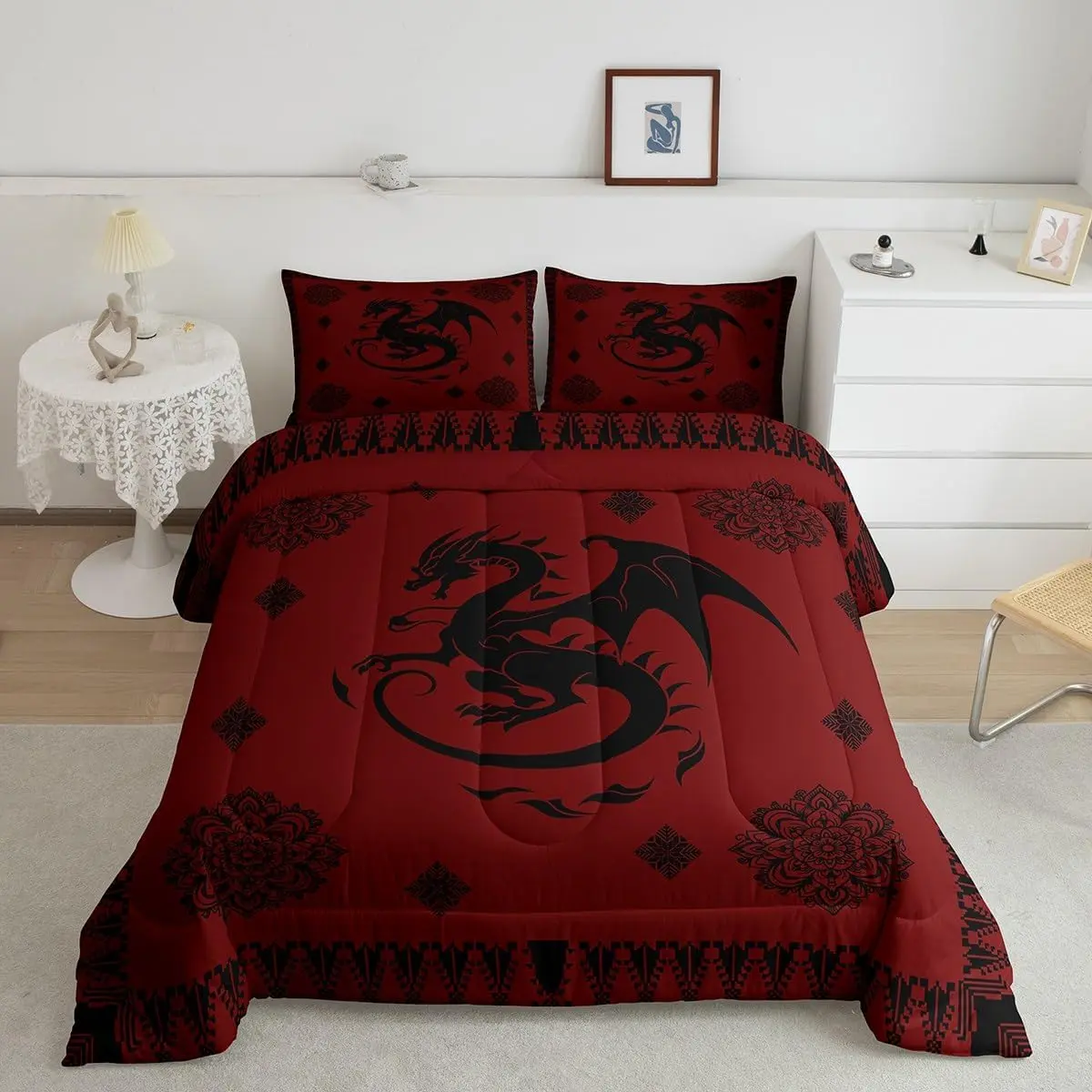 Feelyou Multi-Size Red Black Luxury Breathable Microfiber Bedding Set - Animals Dragon Print Comforter, Cozy Aesthetic Boho Exotic Floral Duvet, 2 Pillowcases for Modern Bedroom Geometric Toddler Decor, Quilt Bedding Set, Machine Wash