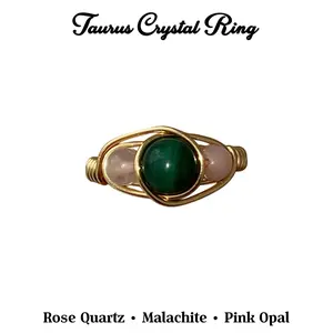 Taurus Zodiac Crystal Ring, Rose Quartz Malachite Pink Opal Ring, Taurus Birthstone Ring, April May Zodiac Jewelry