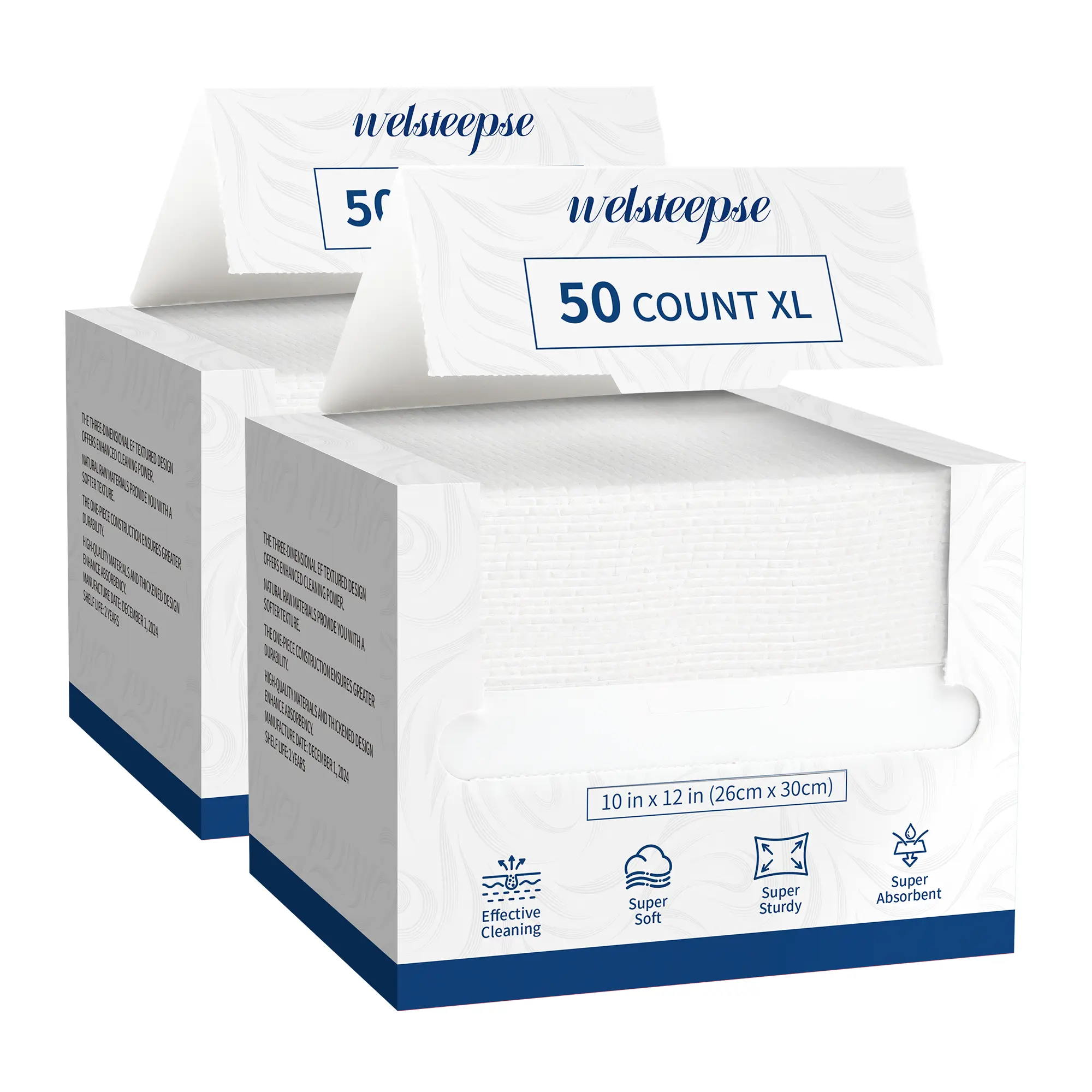 WELSTEEPSE 50-Count Sensitive Skin Alcohol-Free Cleaning Wipes, XL 10x12in Biobased Disposable Napkin-Towel Pack, Hypoallergenic Ultra-Soft Comfortable Travel-Ready Skincare Tool for Home & Travel