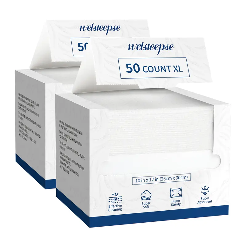 WELSTEEPSE 50-Count Unscented Adult Biobased Cleaning Wipes - Alcohol-Free, Hypoallergenic, Ultra Soft, XL (10x12in) Paper Towel for Home Bathroom Use, Sensitive Skin-Safe Disposable Skincare Tool