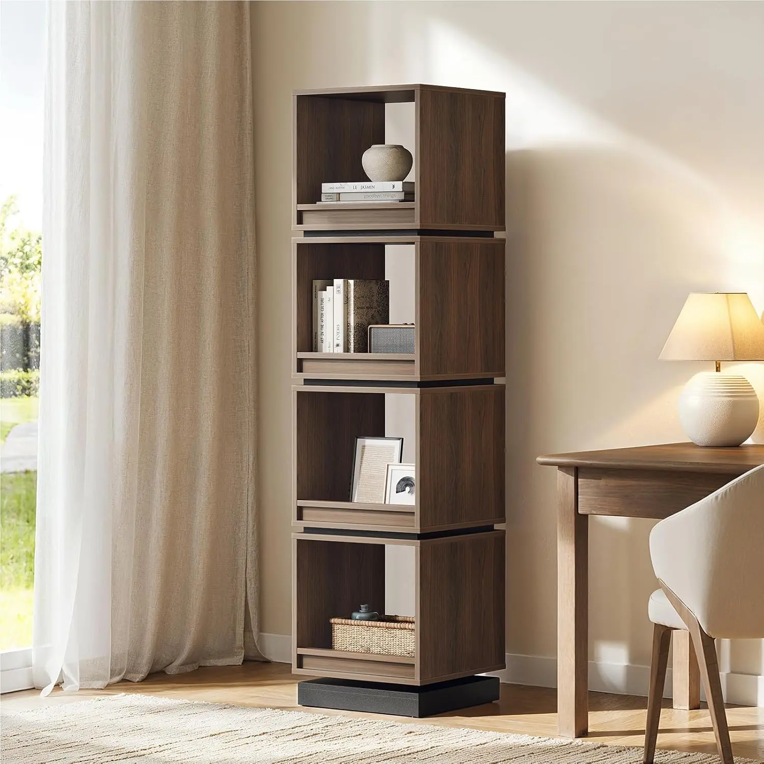 ModernMate 4-Tier Rotating Wood Bookshelf Tower - 360° Spinning Tall Narrow Geometric Storage Organizer with Wood Finish, Stylish Decor for Living Room, Home Office