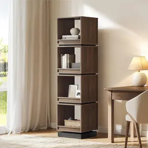ModernMate 4-Tier Rotating Bookshelf Tower, 360° Spinning Wood Narrow Tall Book Shelf Organizer, Modern Geometric Storage for Sapce Saving, Revolving Bookcase for Living Room, Bedroom, Home Office
