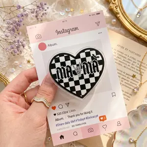 Checkerboard Heart Acrylic Phone Grip, Funny Quote Phone Holder Stand, Black White Y2K Aesthetic Grip Accessory For Teens