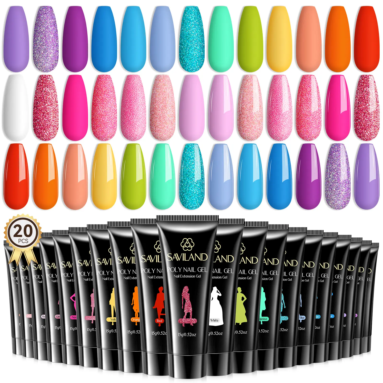 SAVILAND 20 Colors Poly Nail Extension Gel Kit Bright Rainbow Pink Purple Blue Color Collection Poly Gel Nail Kit for Daily Nail Art DIY Home Nail Salon