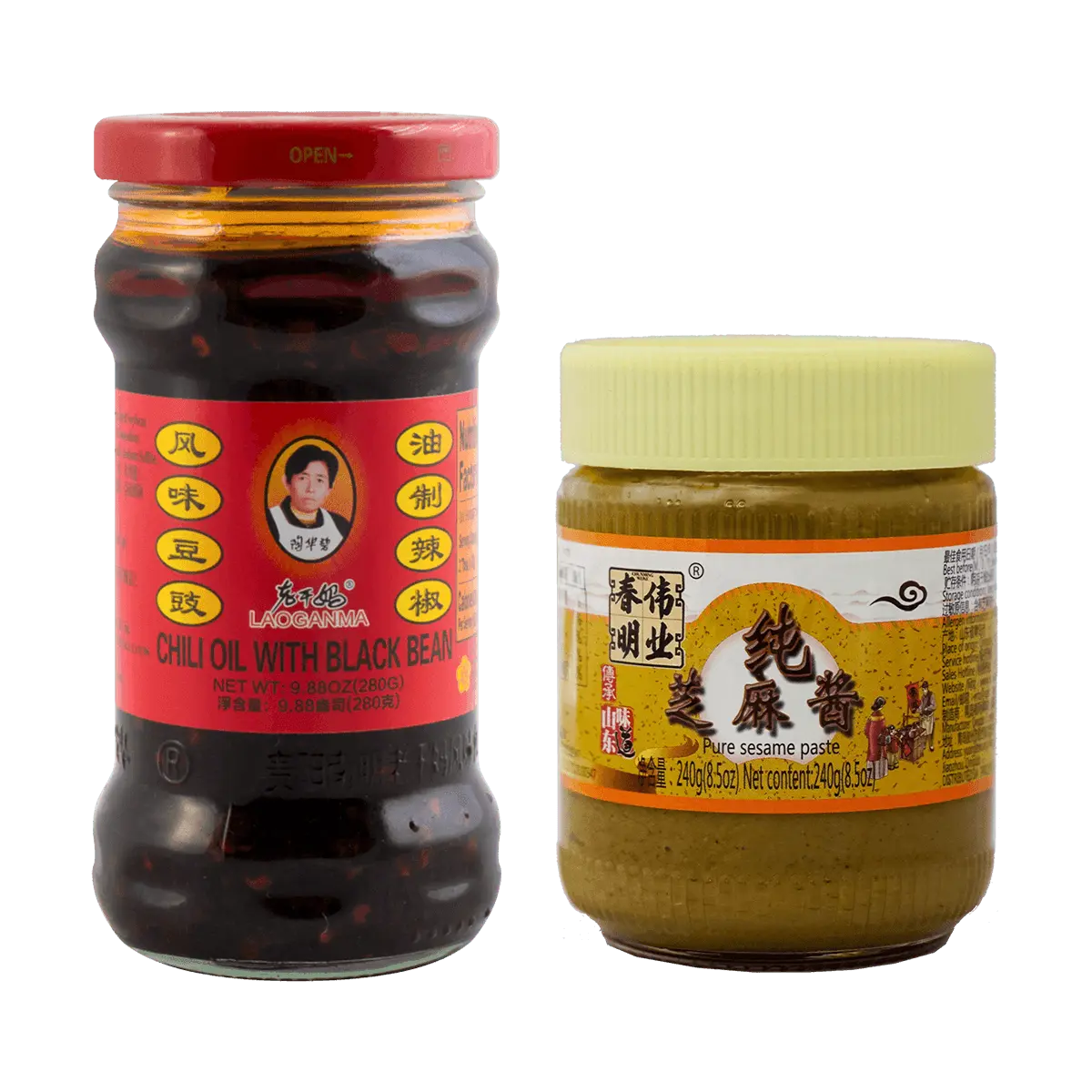 LAOGANMA Chili Oil with Black Soybean in Jar 280g + Pure Sesame Paste 240g【Value Pack】【Spicy Hot Pot Sauce】 LAOGANMA Chili Oil with Black Soybean in Jar 280g + Pure Sesame Paste 240g【Value Pack】【Spicy Hot Pot Sauce】