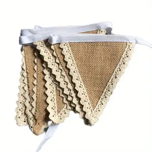 Blank Burlap Triangle Banners with Lace Edges for Wedding And Christmas Party Decorations