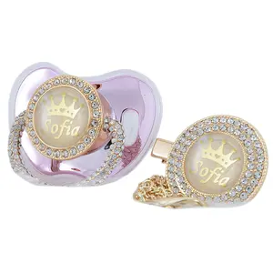 MIYOCAR Personalized Gold Crystal Crown Pacifier & Clip Set for Newborns - Custom Name Orthodontic Nipple for Photo Shoots & Keepsakes