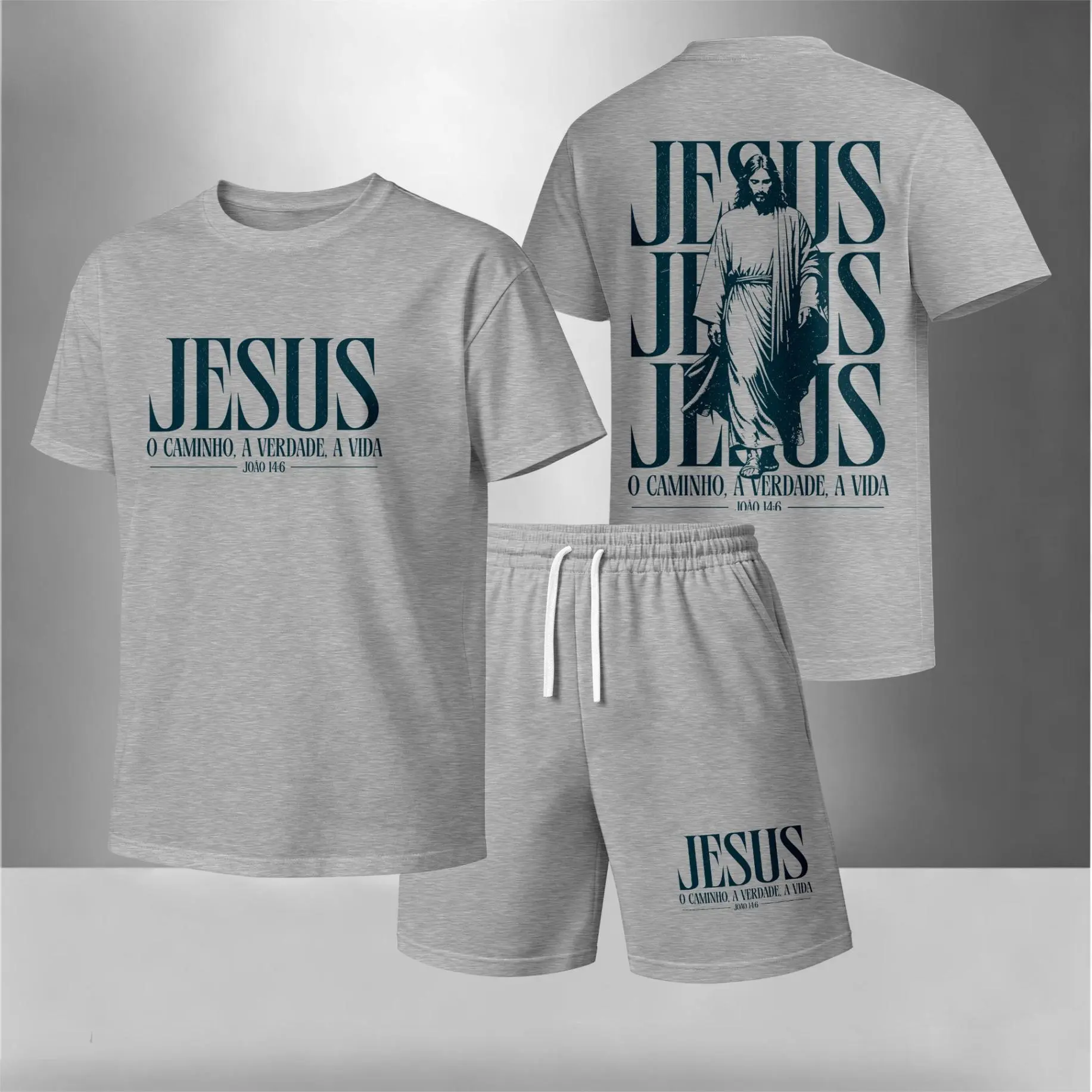 Men’s Faith Graphic Shorts Set, Jesus Short Sleeve T Shirt and Drawstring Shorts Matching Outfit, Breathable Lightweight Summer 2 Piece Set for Home, Lounge and Daily Wear