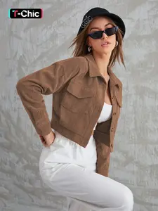 Women's Latest Basic Corduroy Knit Long Sleeve Fitted Jacket, Casual Lapel Design, Single Button Closure, Fall & Winter Fashion, Short Coat for Women