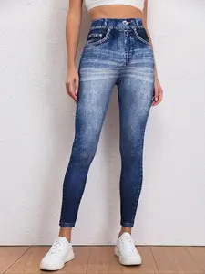 Women's High Waist Dark Wash Denim-effect Print Sports Leggings, Casual Comfy Breathable Skinny Pants for Yoga Gym Workout Running, Ladies Sportswear for All Seasons, Jean