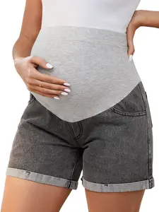 INSPIRE CHIC Women's Denim Summer Lounge Workout Roll Hem with Pockets Maternity Jeans Pregnancy Shorts Gray