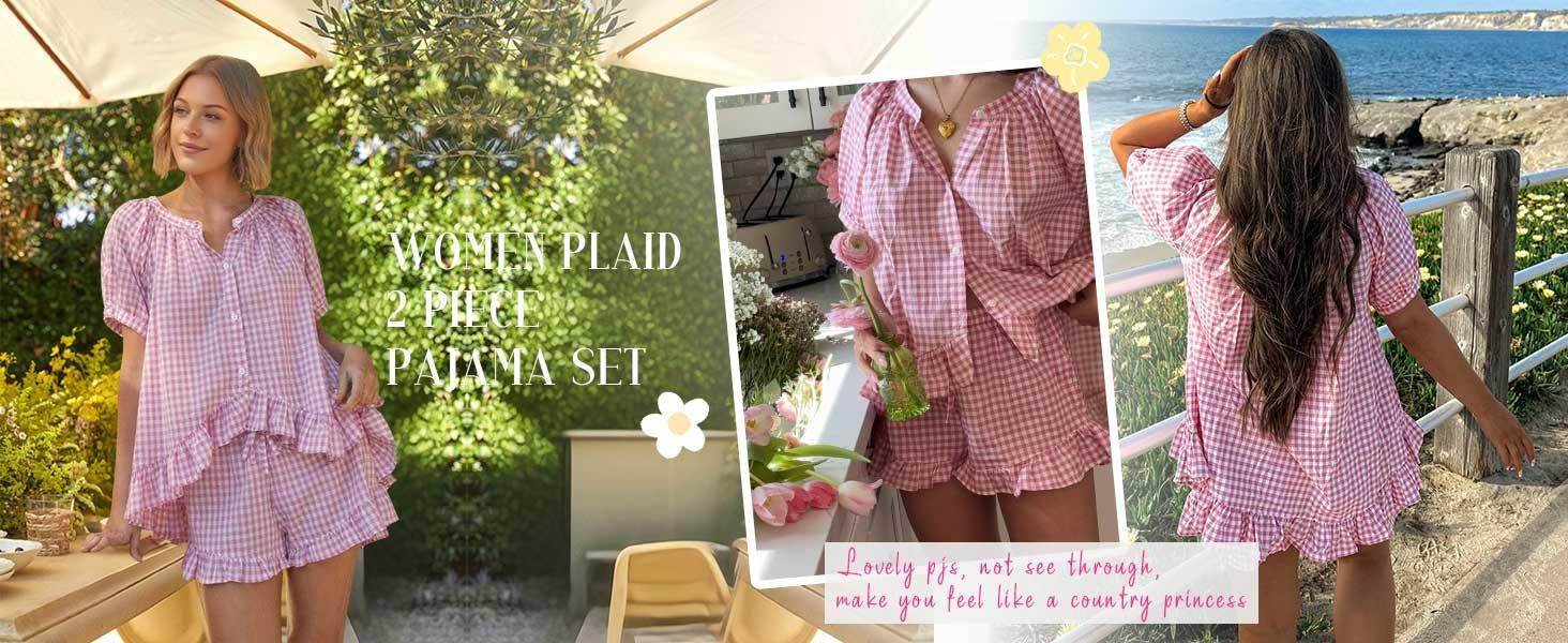 Loveimgs Women's Plaid Two-Piece Pajama Set (Short-Sleeve Babydoll Top + Long Pants) — Cute & Casual Loungewear