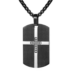 OIDEA Cross Dog Tag Necklace for Men Stainless Steel Cubic Zirconia Engravable Pendant Religious Black Gold 23 Inch Boys Christian Gift