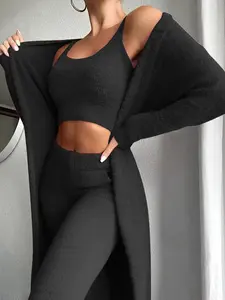 Fall Winter Fashion Women Sweater Pajamas Set Cozy Lounge Wear Fuzzy Fleece Sleepwear with Robe 3 Pieces Lounge Wear Sets HINATIVE