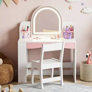 Kids Makeup Vanity Set Chair with Book Shelves and 2 Tier Storage Shelves, 3 Color Lighted Mirror Vanity Desk with Chair for Bedroom, Vanity Desk for Girls, White & Pink