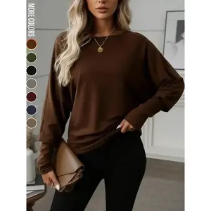 Women’s Batwing Sleeve Solid Color T-Shirt, Elastic Long Sleeve Top, Casual Fashion Warm Base Layer, Perfect for Daily Wear & Parties GARMENTARY