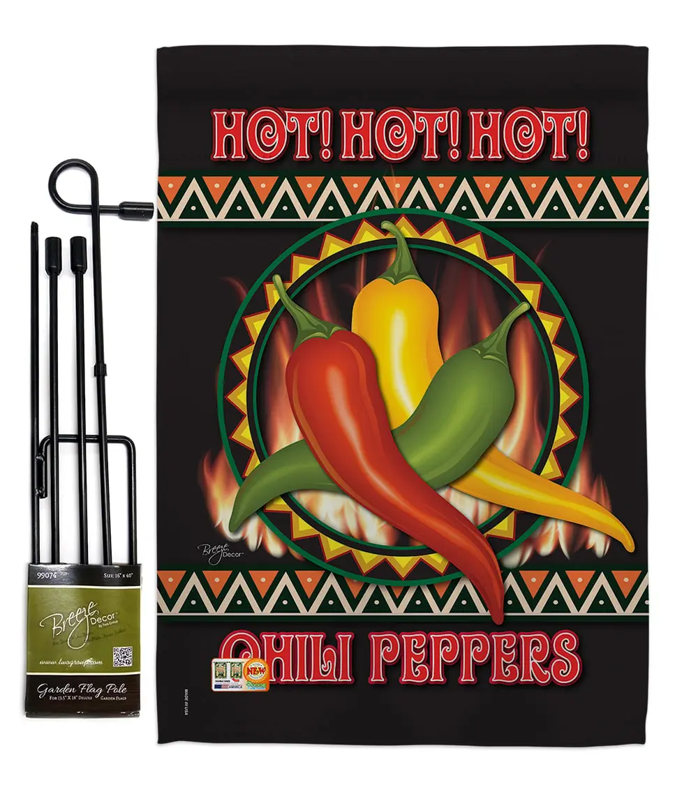 Breeze Decor BD-VG-GS-117031-IP-BO-D-US13-BD 13" x 18.5" Chili Peppers Vegetable Impressions Decorative Vertical Double-Sided Garden Flag Set with Metal Garden Banner Pole Stand, Eco-Friendly Inks