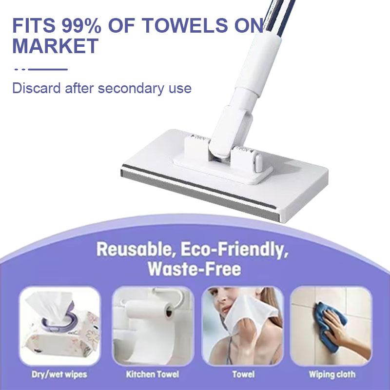 Adjustable Reusable Clamp Mop – 3-Piece Handle Up to 48”, Use Long or Short, Strong Grip for Paper Towels, Rags & Wet Wipes, No Refill Needed