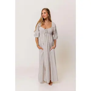 Cecilia 100% Cotton Smocked Maxi Dress in Wisteria Plaid (Lined) - Bump Friendly