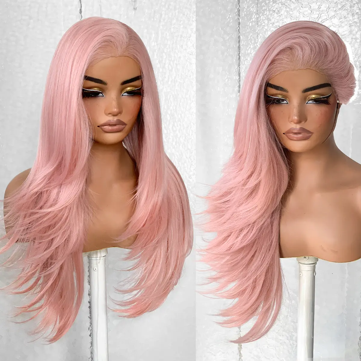 Pink Wig 13x6 HD Lace Layered Pro Max Wig Glueless Pre Plucked Pre Cut Synthetic Hair 200% Density with Bangs Vivid Self Growing Clean Hairline Beginners Firendly For Daily Wear,Patry,Summer Events#26inch,