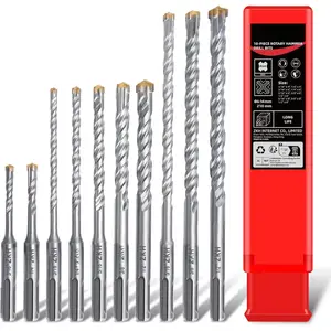 10 count SDS Plus Bits Set, (3/16'',1/4'',5/16'',3/8",1/2"), Carbide Tipped(YG8, Rotary Hammer Drill bits for Concrete, Cement, Stone, Brick, Ceramic Pots &