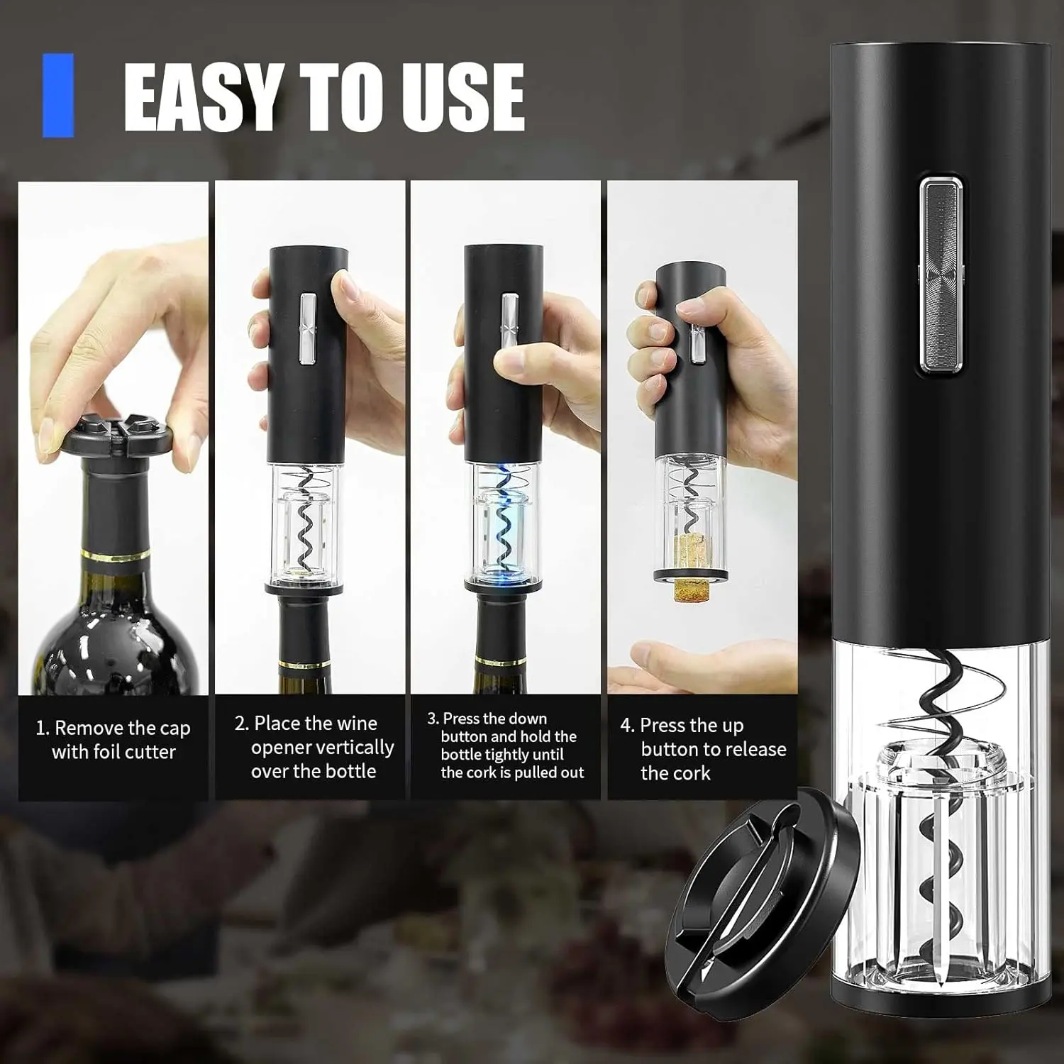 Electric Wine Opener Rechargeable Bottle Set Type-C Port Automatic Corkscrew with Blue Led Indicator Vacuum Stopper Pourer Foil Cutter