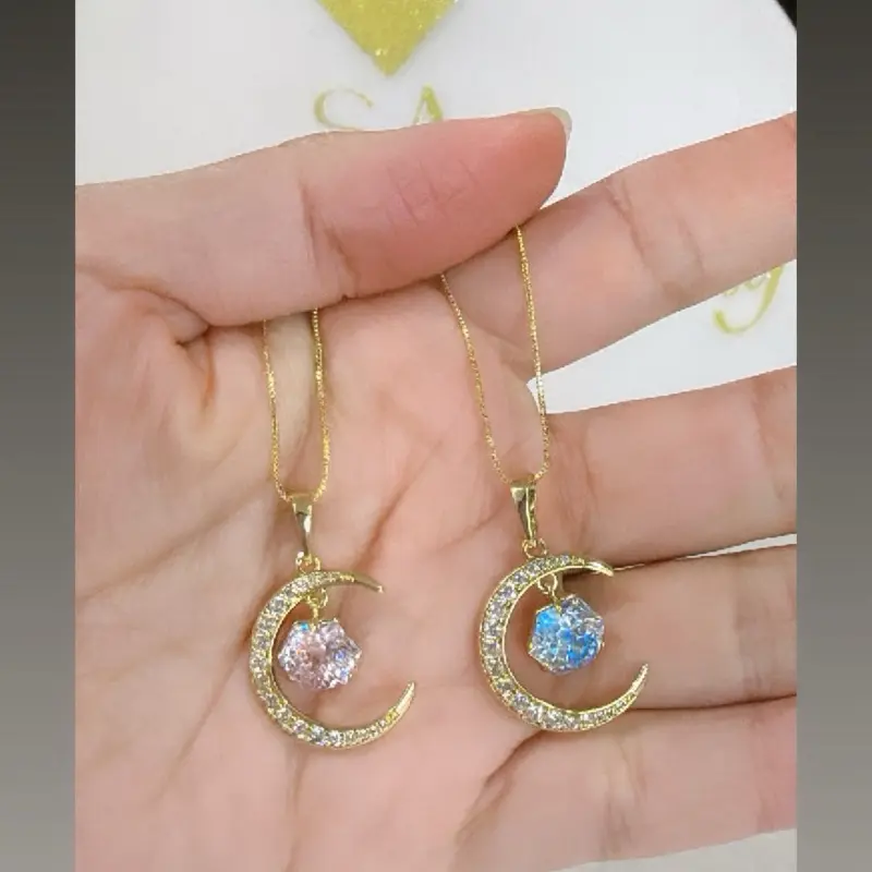 Moon Pendant Design Necklace #0774 15.5 inch with Extender 17.5 inch 3 Layer Protection 14k Laminated Gold Elegant Daily Wear Jewelry