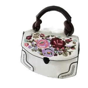 Vintage Flower Embroidered Bag - Small Size with Raffia Handles - White Color with Floral Design - Elegant Handbag Style
