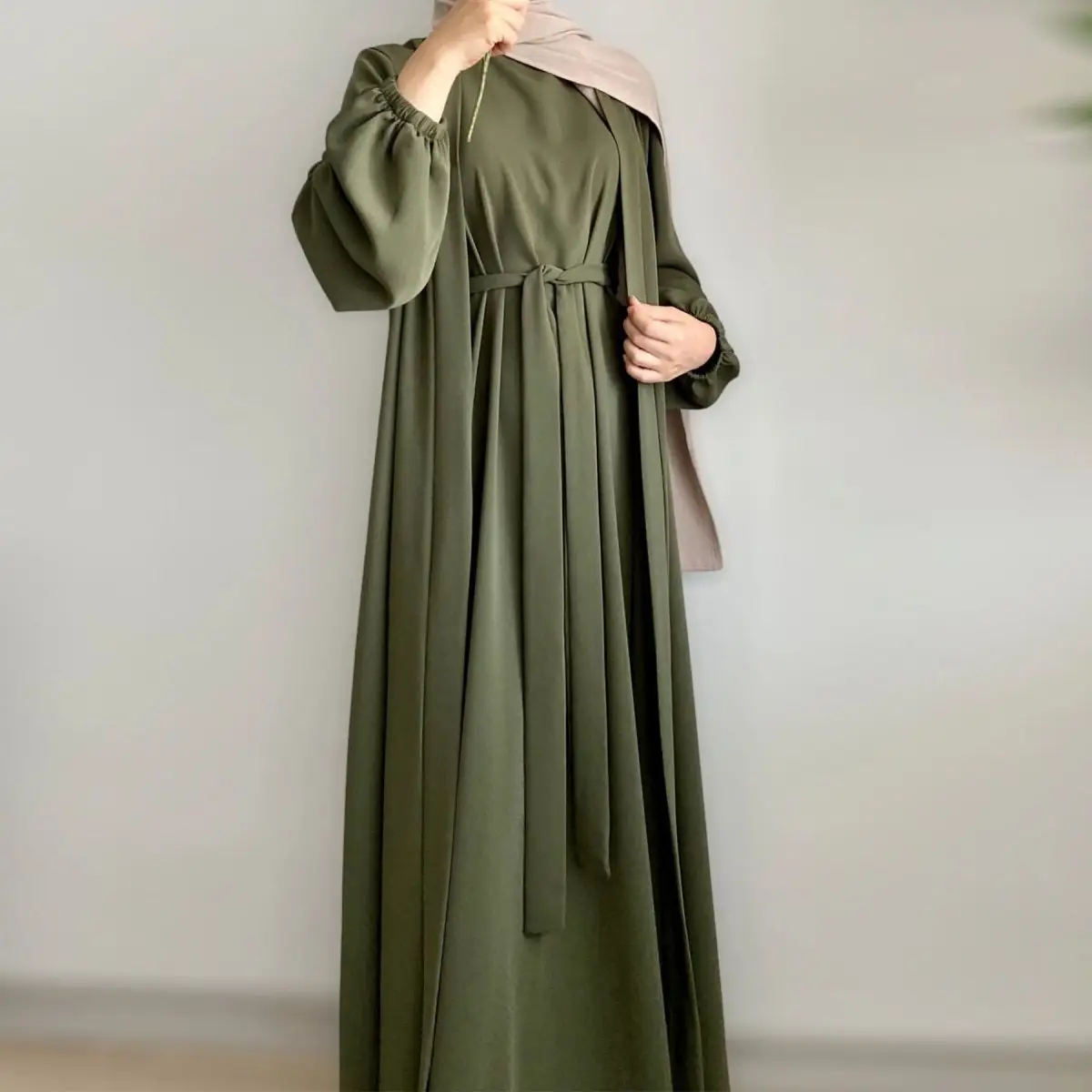 MOA092 Solid Color Elegant Open Abaya with Pockets 3-Piece Set for Women Breathable Fabric Full Length Jilbab Summer Outfits