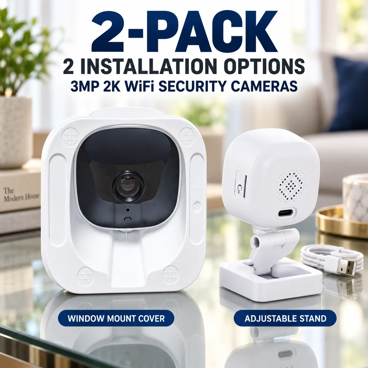 3MP Compact Cube Indoor WiFi Security Cameras 2-Pack, Wireless Home Security & Surveillance Systems, with Window Mount Cover & Adjustable Stand for Easy Installation