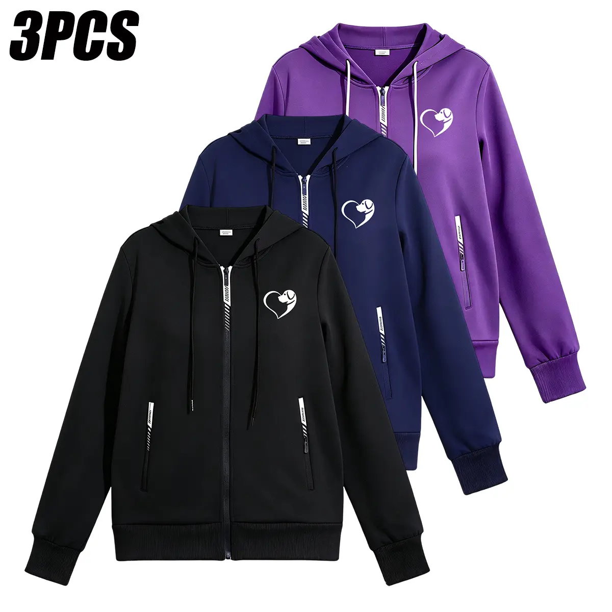 JOGWAVE 3PCS Women’s Full-Zip Hooded Jacket with Heart Print, Drawstring & Zipper Safety Pocket | Soft Ribbed Trim, Regular Fit Outerwear Suitable for Walking, Commuting, School, and Everyday Wear