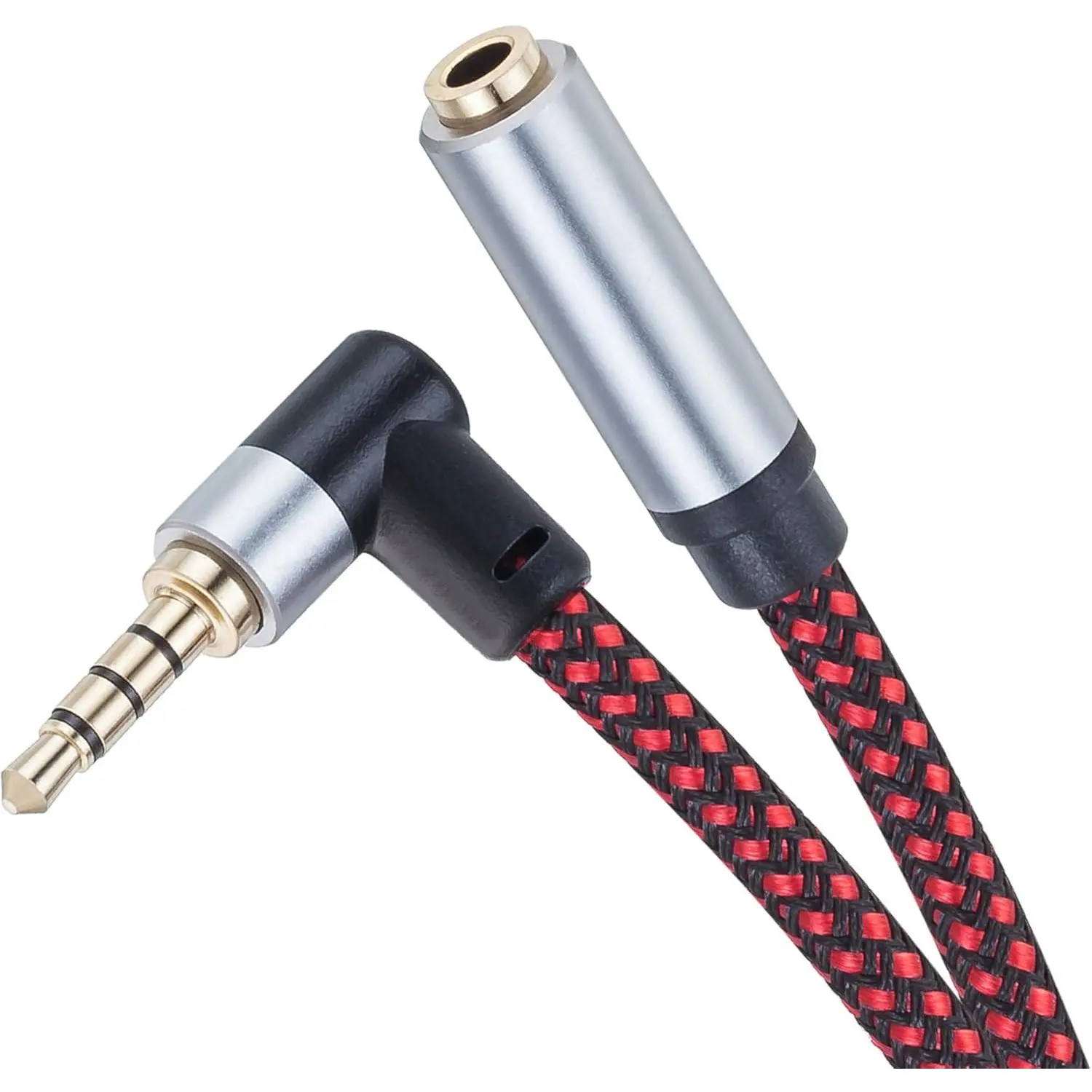 3Ft 90-Degree TRRS 3.5mm Stereo Aux Audio Mic Extension Cable, 4-Pole Male to Alloy Connector, 3.5mm Stereo Female Gold Plated Plug Braided Cord, Audio Accessory for Phones, Headphones, MP3 Players, Devices