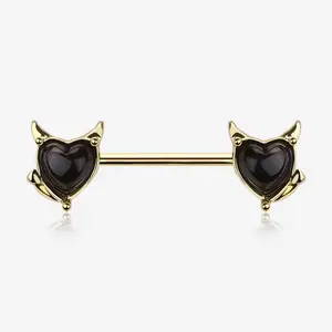 A Pair of Golden Devil Heart Sparkle Nipple Barbell Transverse Lobe Stainless Steel