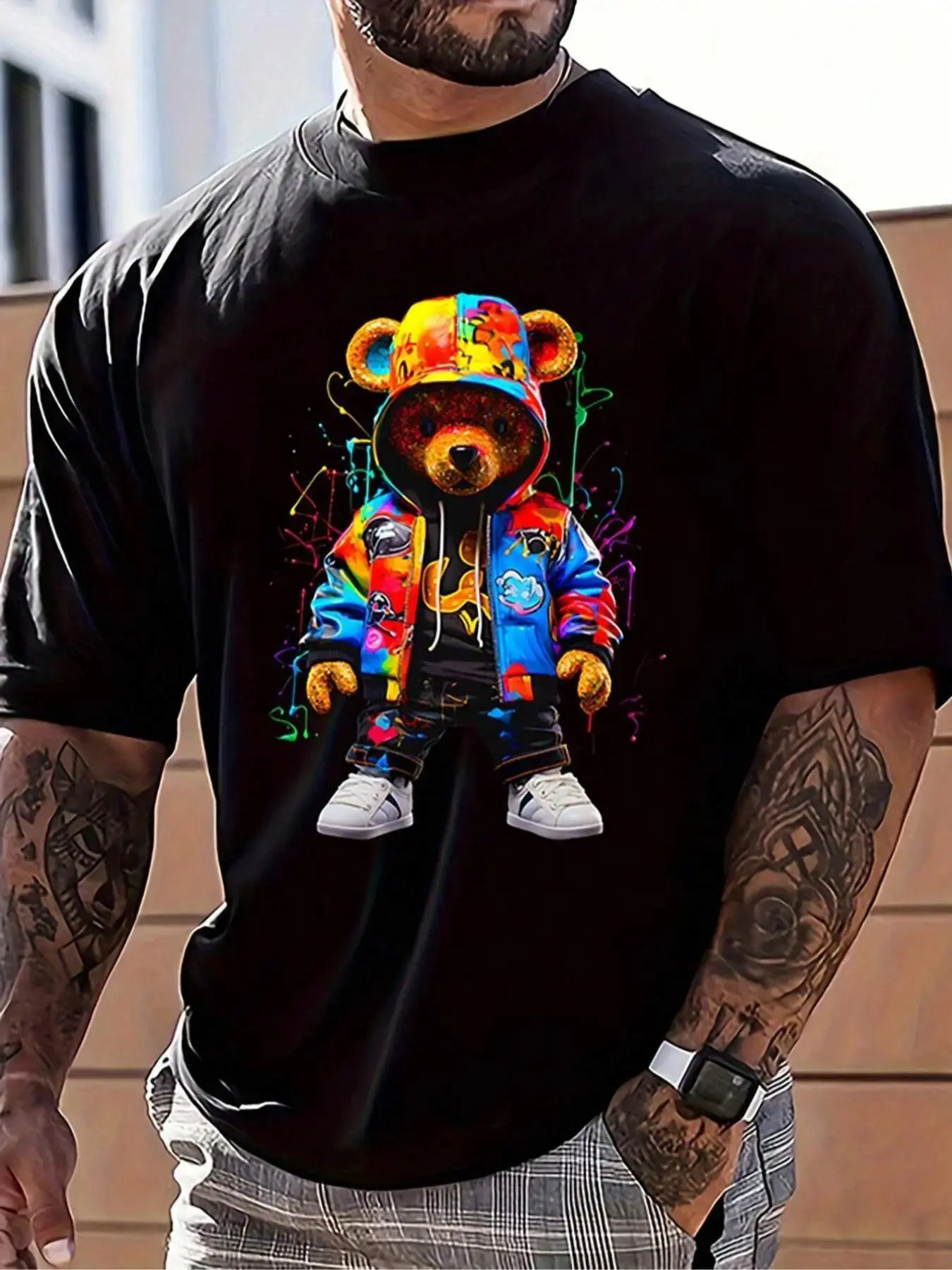 Colorful Graffiti Streetwear Teddy Bear Graphic T-Shirt, Hip Hop Style Bear Print Crew Neck Tee, Men's Short Sleeve Oversized Cotton Top, Trendy Urban Aesthetic Shirt for Bear Lovers, Streetwear Fans and Graffiti Art Enthusiasts