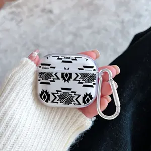 Geometric Tribal Echo Pattern TPU Soft Protective Case for Apple AirPods 4/3/2/1/Pro/Pro2 Transparent Earphone Cover with Keychain Attachment