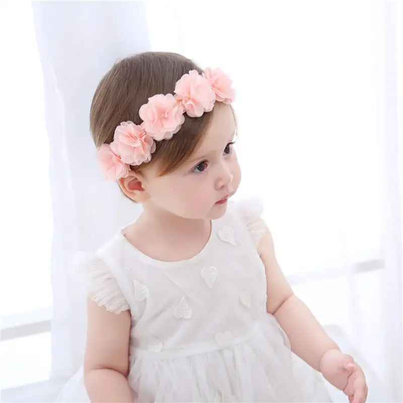 Lace Flower Bow Baby Girls Headband Pink Knot Infant Wrap Soft Chiffon Elastic Baby Turban Hair Band for Newborn Infant Toddler Kids Cute Hair Accessories